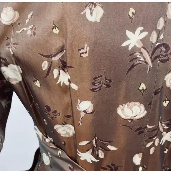 Vintage 40s 50s Floral Satin Sheath Dress V Neck Pockets Cinched Waist Brown 10 - Picture 11 of 12